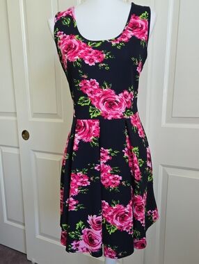 White Mark Black Skater Mini Dress Pink Rose Floral Print L